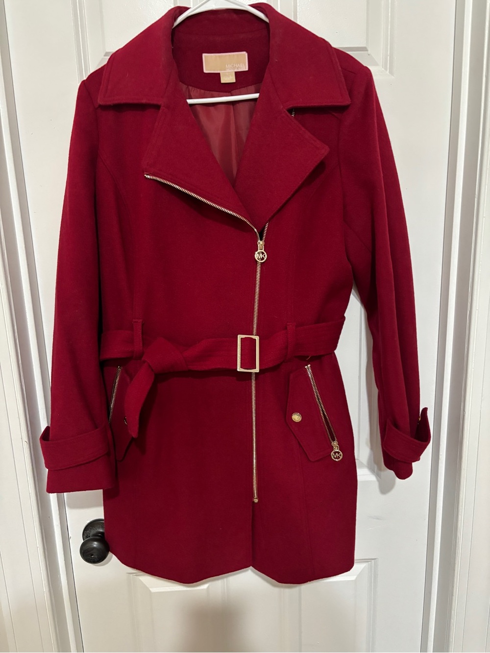 Michael Kors Red Belted Wool Trench Coat with Gold Hardware
